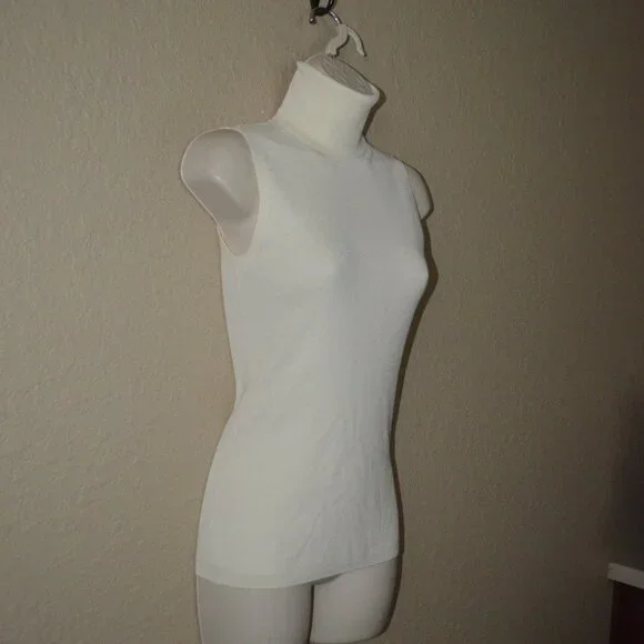 NWOT $225 Sz S Allude Ivory Soft Wool Ribbed Sleeveless Turtleneck Top - Picture 4 of 6